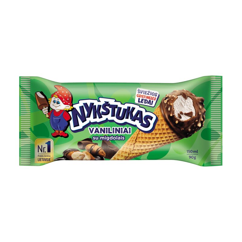 Ledai Nykštukas 150ml/90g vaniliniai grietininiai su pieninio šokolado skonio glaistu ir migdolais