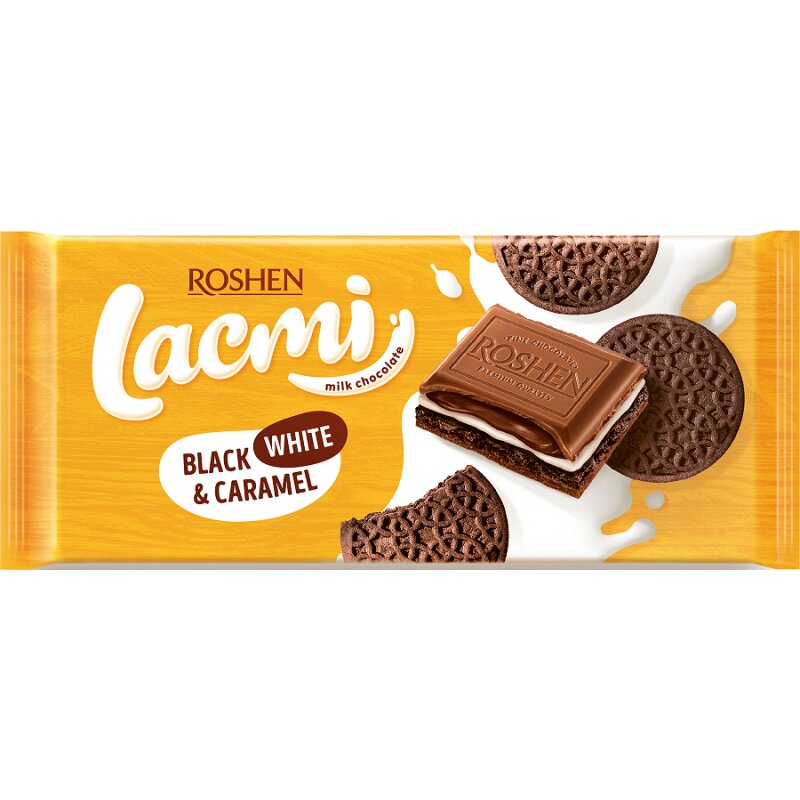 Pieninis šokoladas Roshen Lacmi  su pieniniu įdaru,karamele ir kakaviniais sausainiais 100g