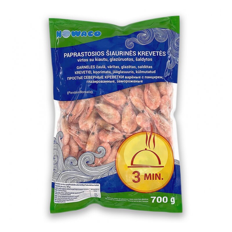 Krevetės virtos su kiautu grynasis svoris be glazūros 700g NOWACO