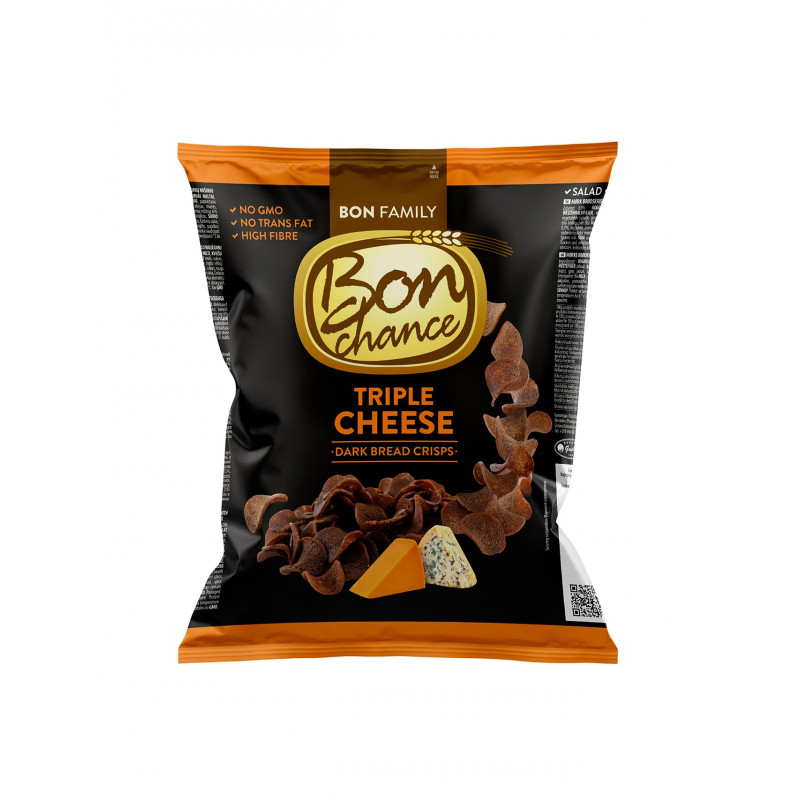 Juodos duonos traškučiai Bon Chance  su trigubo sūrio prieskonių mišiniu 120g
