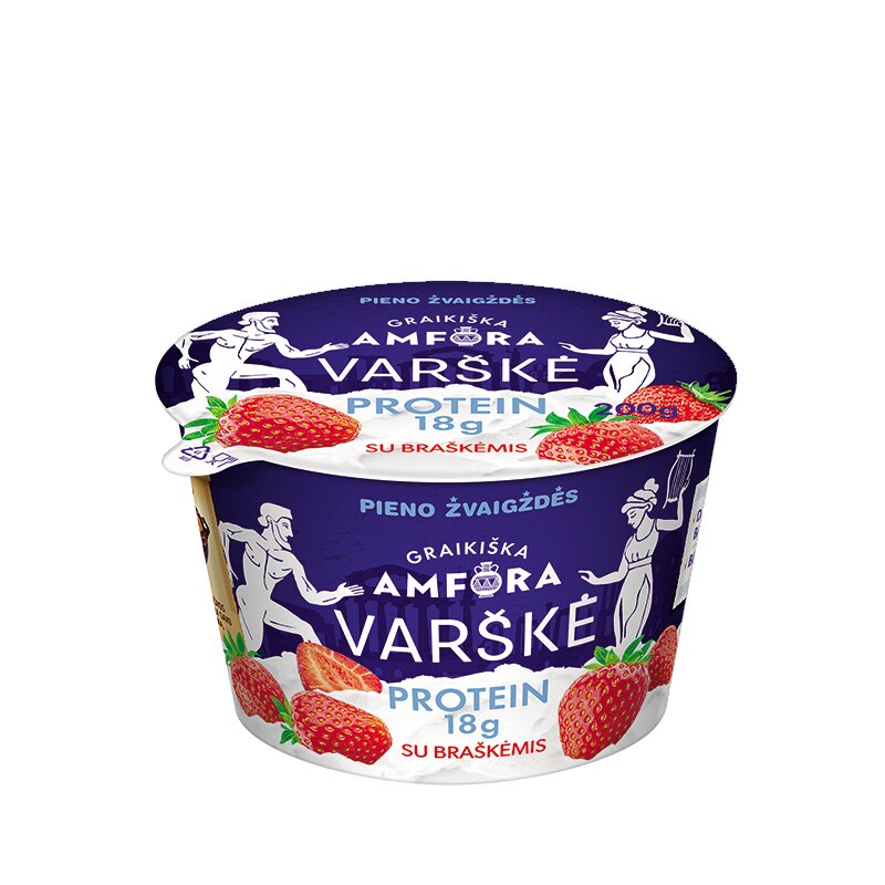 Varškė Graikiška Amfora protein  su braškėmis 200g 0.8%