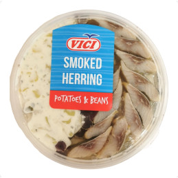 Rūkyti silkių gabaliukai VIČI su bulvių salotomis ir pupelėmis 200g