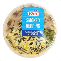 Rūkyti silkių gabaliukai VIČI su jūros kopūstais, garstyčiomis ir bulvėmis 210g