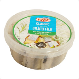 Silkių filė gabaliukai su marinuotais svogūnais aliejuje 480g