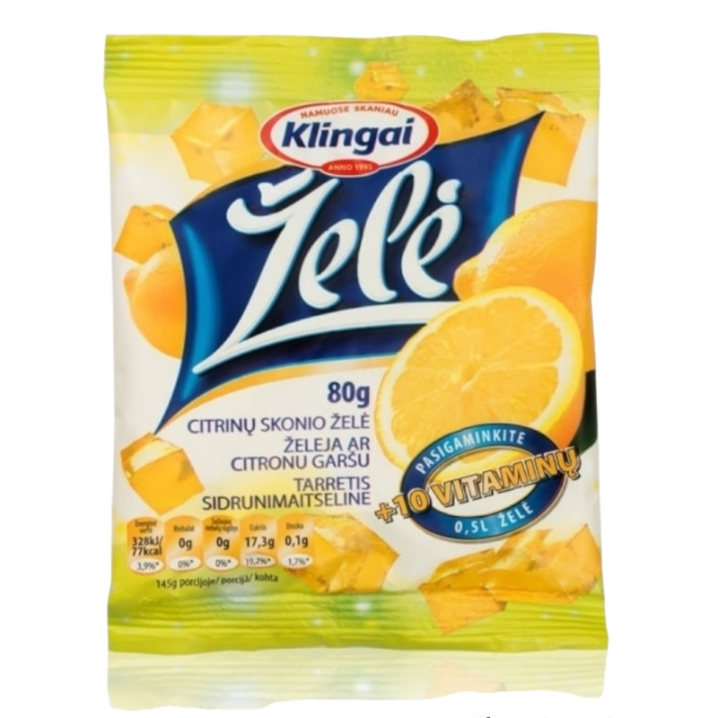 Želė citrinų skonio 80g +10 vitaminų/Klingai