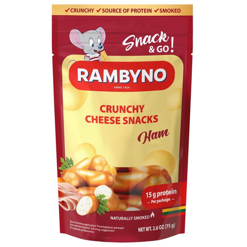 Lydytas sūrio užkandis "Rambyno" su kumpiu 75g, 45% rieb.s.m