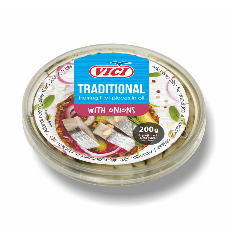 Atlantinių silkių filė gabaliukai Traditional, 210g su svogūnais aliejuje