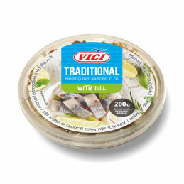 Atlantinių silkių filė gabaliukai Traditional, 210g su krapais, aliejuje