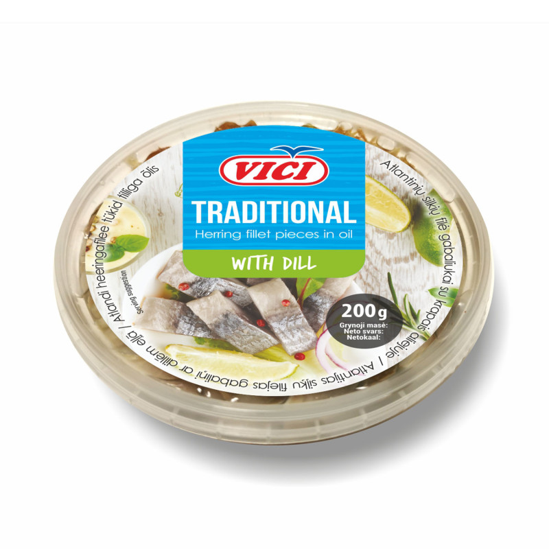 Atlantinių silkių filė gabaliukai Traditional, 210g su krapais, aliejuje