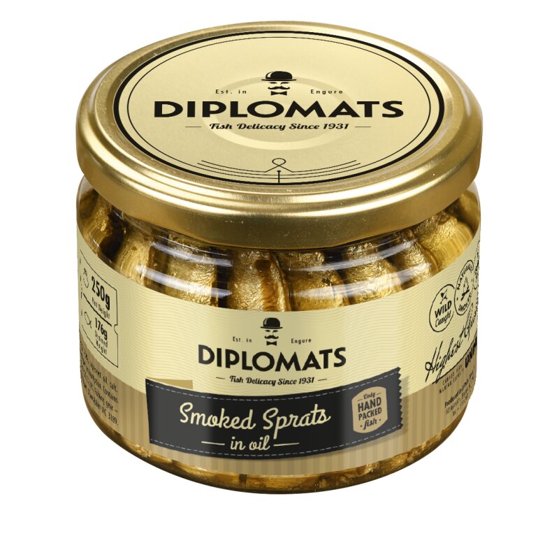 Rūkyti šprotai   Diplomats Ryga  aliejuje, 250g/175g