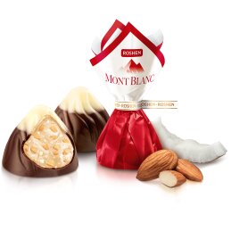 Saldainiai Mont Blanc Roshen pieniško šokolado su migdolais, kokosiniu kremu ir baltu šokoladu skonio