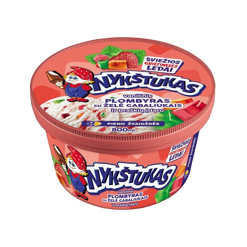 Ledai  Nykštukas  800ml vanilinis plombyras su žėlė gabaliukais ir braškių įdaru