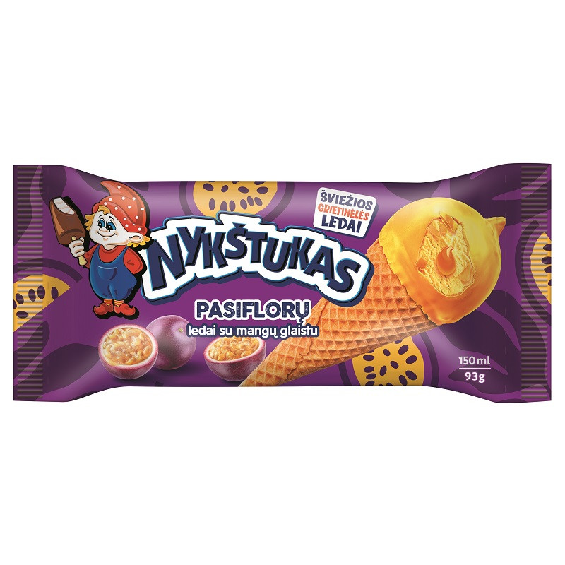 Ledai grietin. Nykštukas  150ml su pasifloromis ir mangų glaistu vafliniame ragelyje