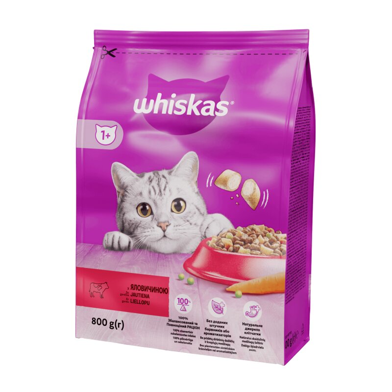 Visavertis sausas ėdalas suaugusioms katėms  WHISKAS  su jautiena 800g