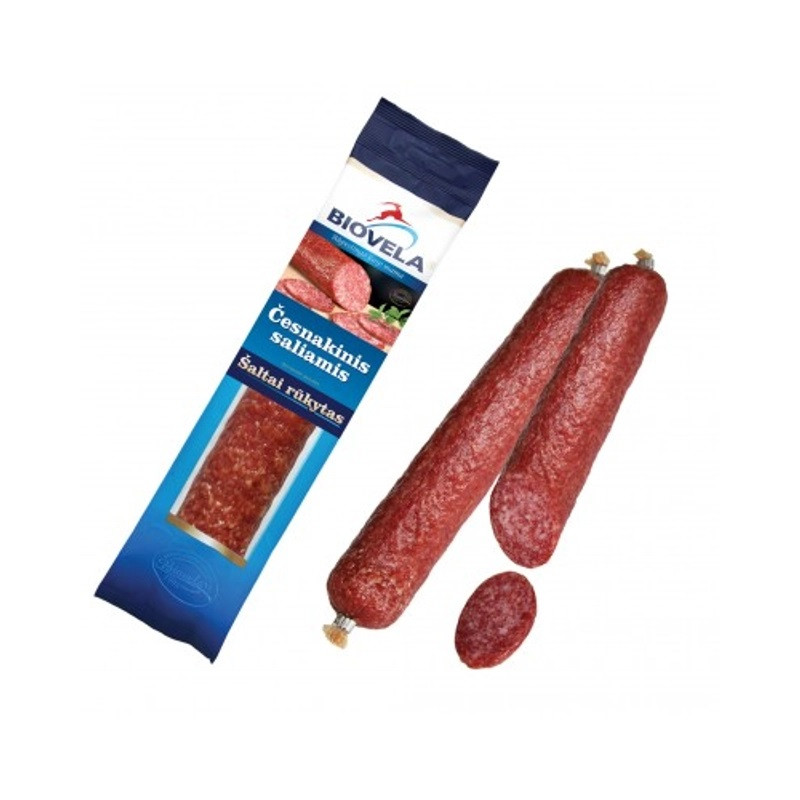 Šaltai rūkytas Česnakinis saliamis 230g Biovela