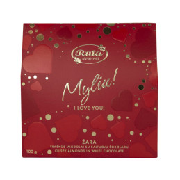 Dražė  Žara Myliu!, 100g traškūs migdolai su baltuoju šokoladu