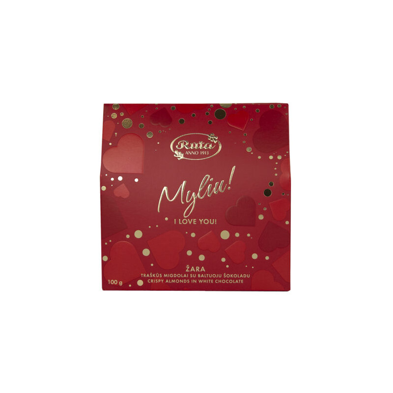 Dražė  Žara Myliu!, 100g traškūs migdolai su baltuoju šokoladu
