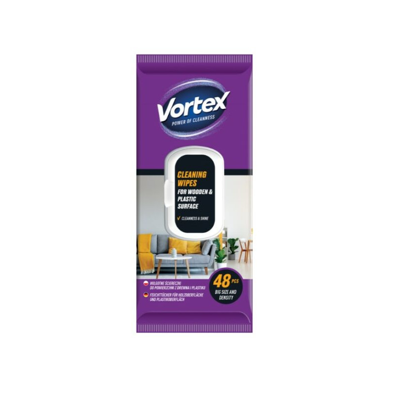 Buitinės drėgnos servetėlės   Vortex  mediniams ir plastikiniams paviršiams 48vnt