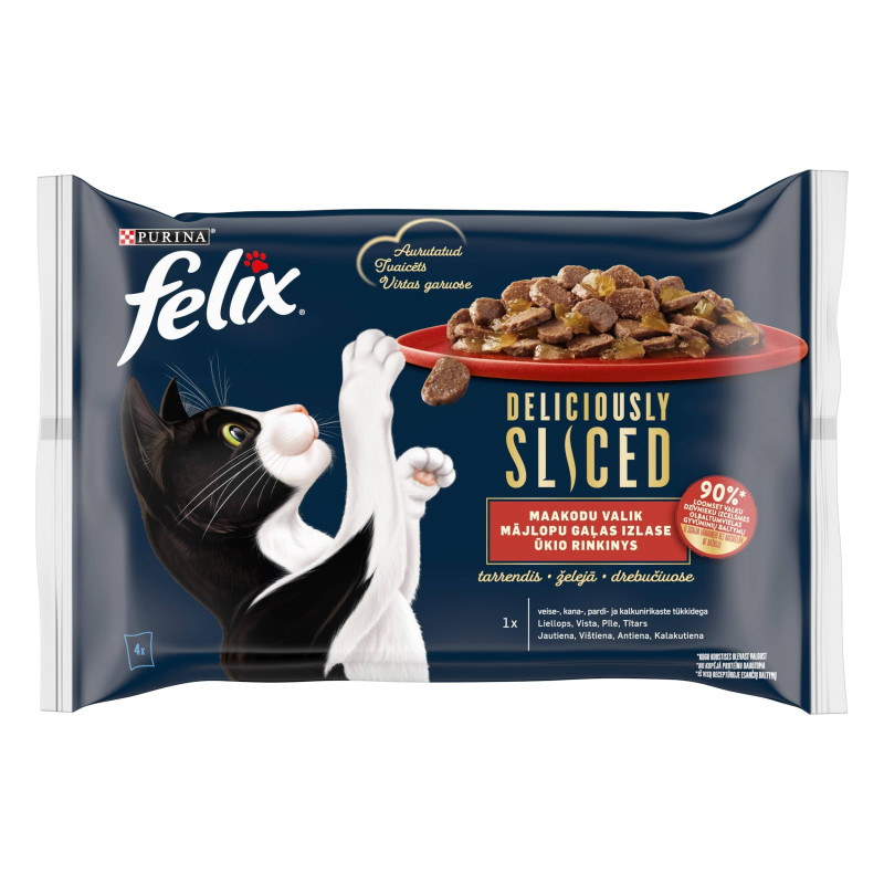 Katėms Felix  Deliciously Sliced 4 x 80g su jautiena, vištiena, antiena, kalakutiena