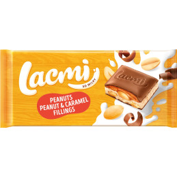 Pieninis šokoladas  Lacmi  su žemės riešutais, karameliniu ir žemės riešutų įdarais, 87g