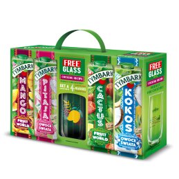 Sulčių gėrimų rinkinys  Tymbark  su stikline (Mango, Pitaja, Cactus, Kokos) 4x1l