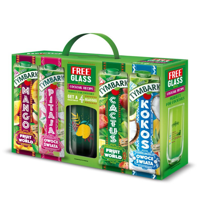 Sulčių gėrimų rinkinys  Tymbark  su stikline (Mango, Pitaja, Cactus, Kokos) 4x1l