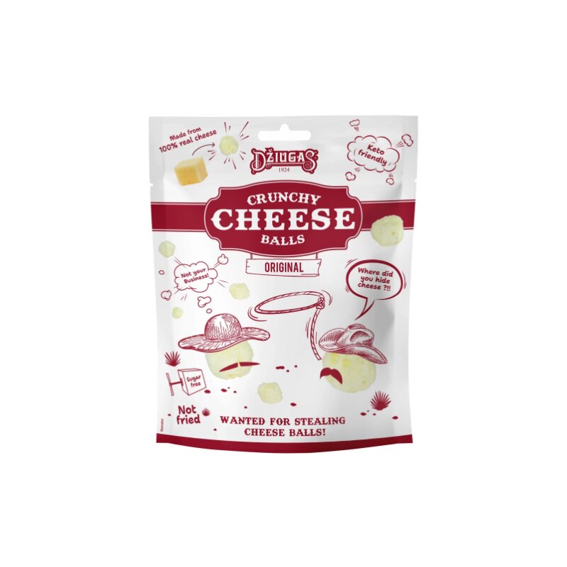 Traškūs, džiovinto kieto sūrio kamuoliukai  Džiugas 40%, 40g