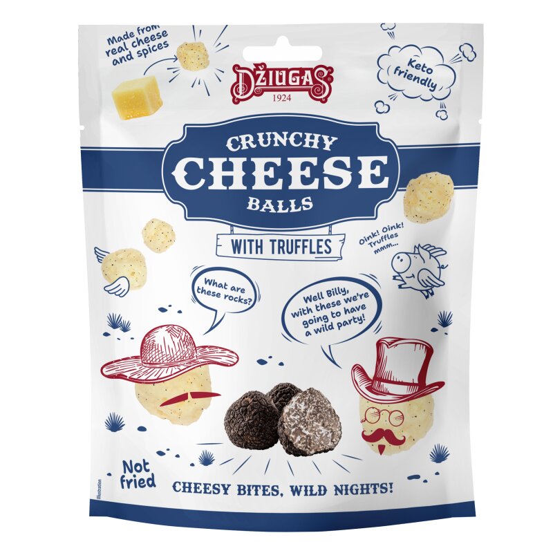 Traškūs, džiovinto sūrio kamuoliukai  Džiugas  su trumais 45%, 40g