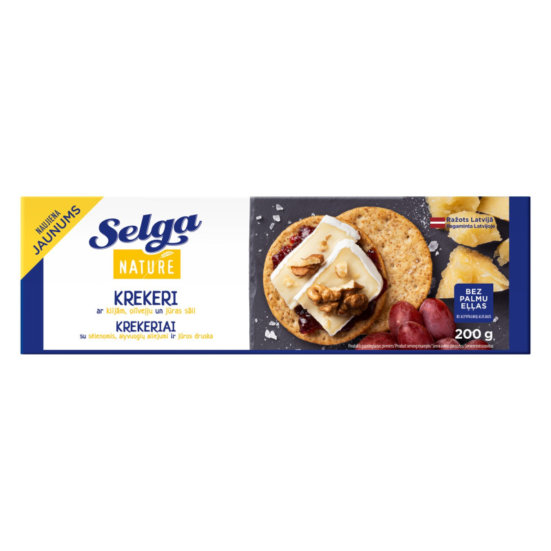 Krekeriai SELGA sūrūs su kviečių sėlenomis ir alyvuogių aliejumi 200g.
