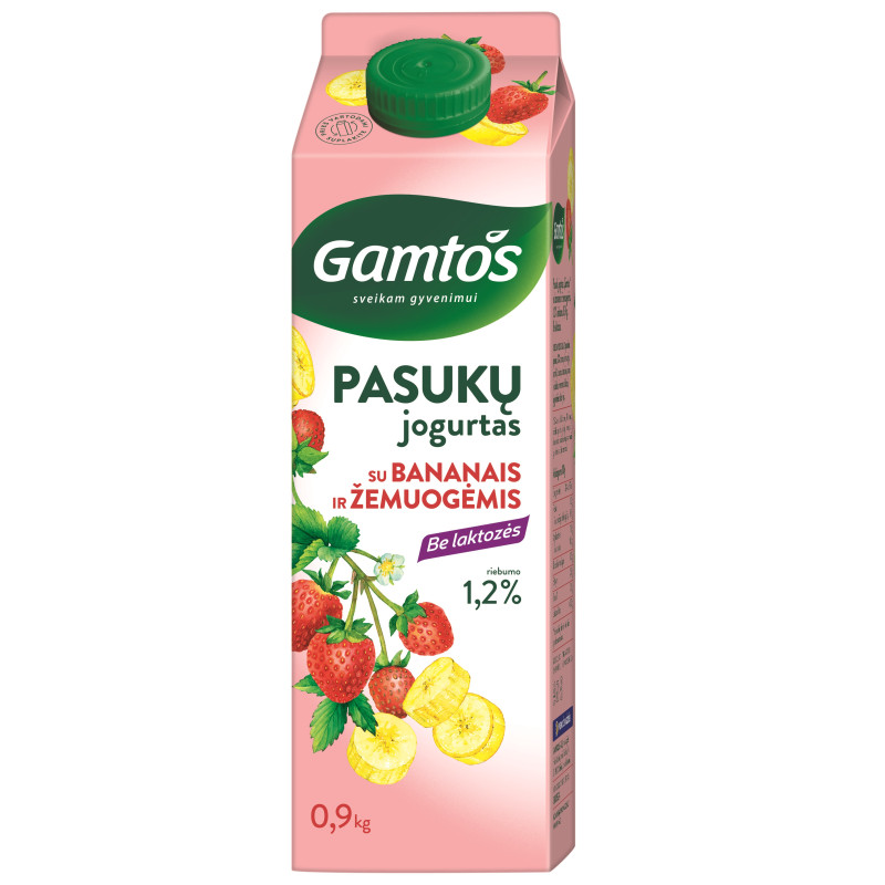 Pasukų jogurtas Gamtos  0.9kg su bananais ir žemuogėm