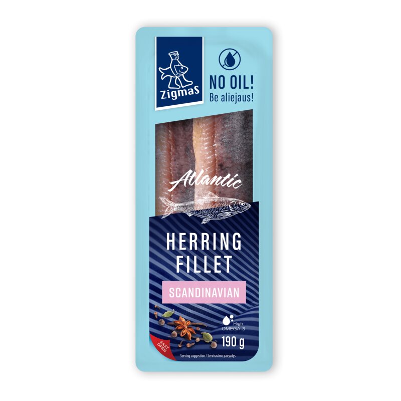 Skandinaviško stiliaus mažai sūdyta atlantinių silkių filė be aliejaus  Zigmas , 190g