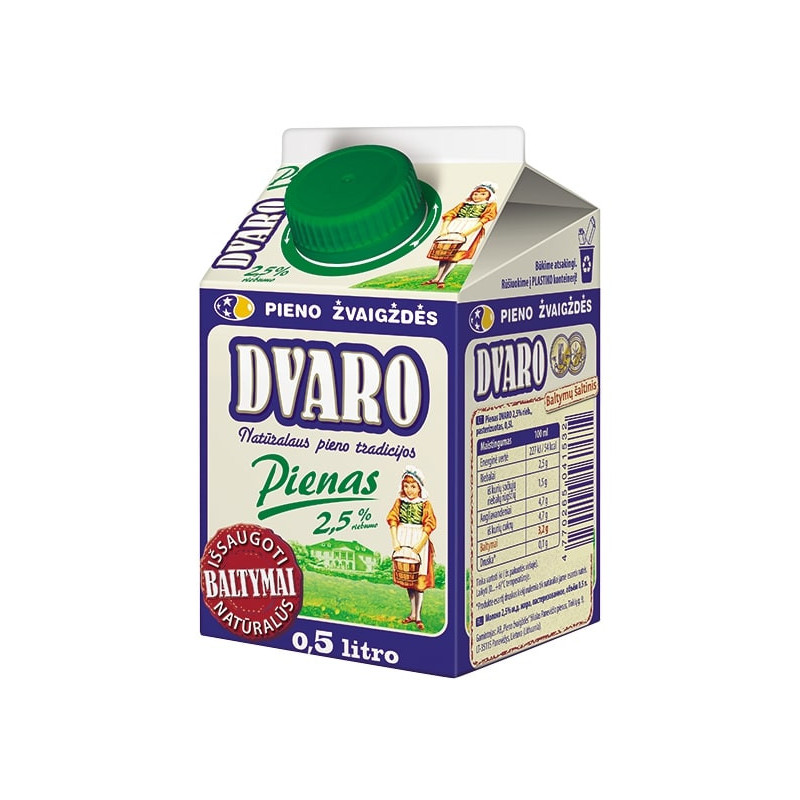 DVARO pienas 2.5% rieb., 500ml