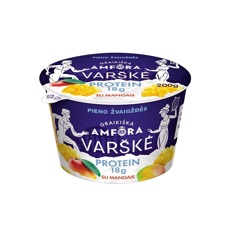 Varškė "Graikiška Amfora protein"  200g, 0.8% rieb. su mangais