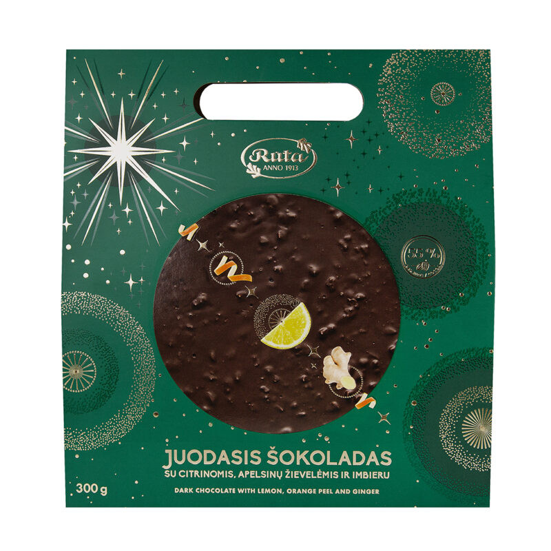 Juodasis šokoladas su  citrinomis, apelsinų žievelėmis ir imbieru 300g