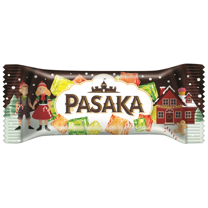 Šokoladu glaistytas varškės sūrelis  Pasaka  19% r. su saldainiais, 40g