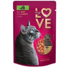 Konservuotas ėdalas katėms  LOVE su jautiena ir morkomis,85g
