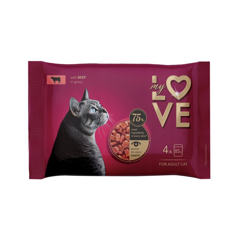 Konservuotas ėdalas katėms  My Love  su jautiena padaže, 4x85g