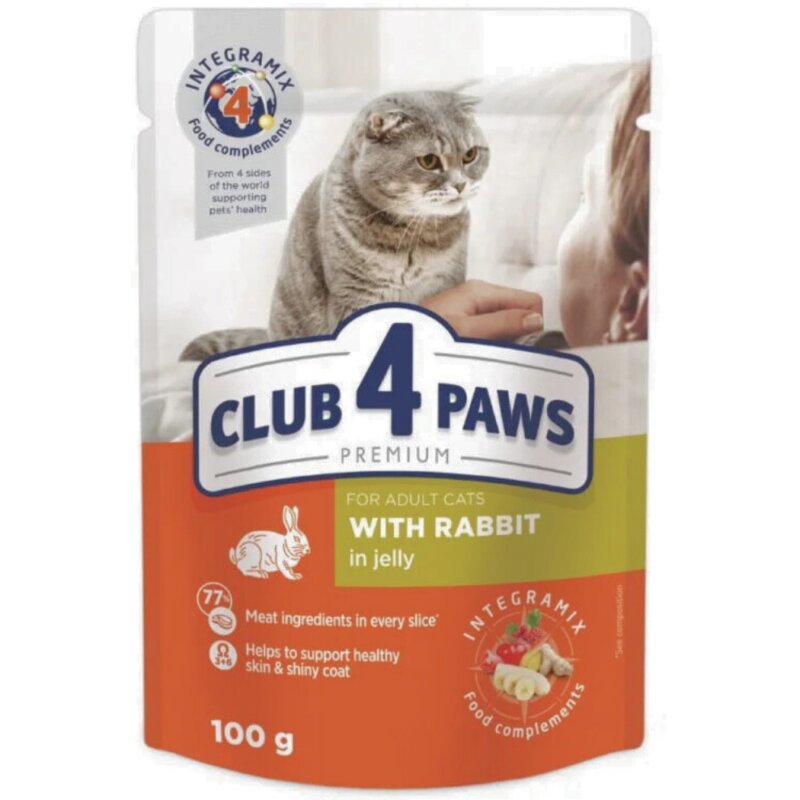 Ėdalas suaugusioms katėms ''Club 4 Paws'' su triušiena drebučiuose100g