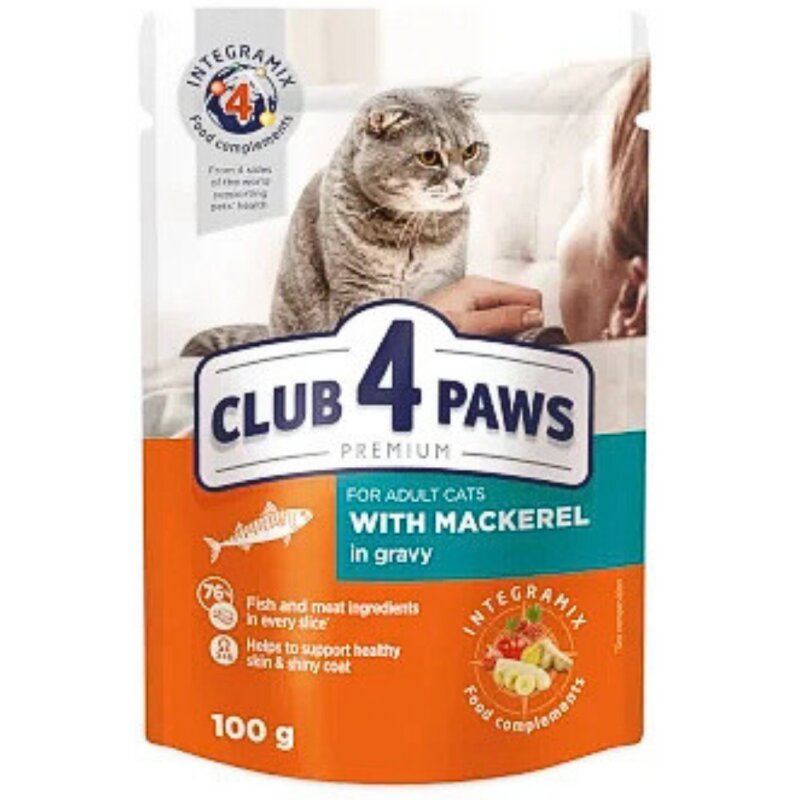 Konservuotas ėdalas suaugusioms katėms  Club4 Paws  su skumbre padaže,100g