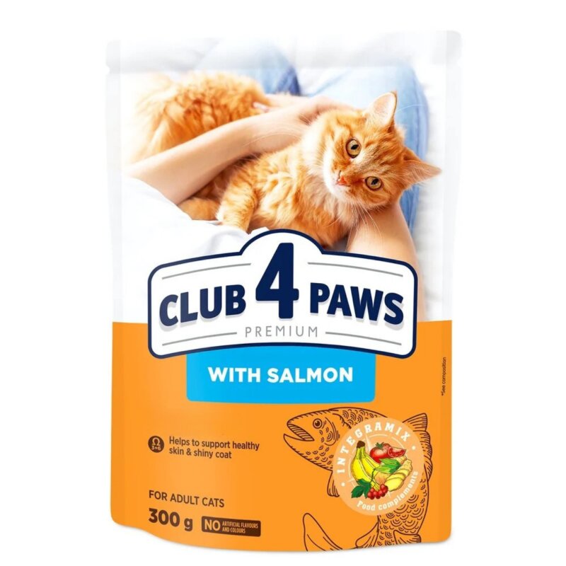 Visavertis pašaras suaugusioms katėms  Club4Paws  su lašiša, 300g