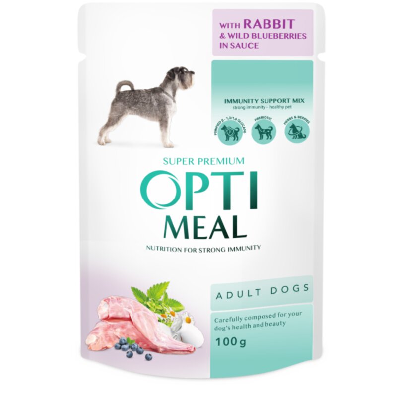 Šunų ėdalas  OPTIMEAL  su triušiena ir mėlynėmis padaže 100g