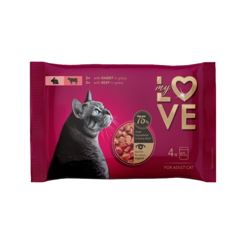 Konservuotas ėdalas katėms  My Love  su triušiena ir jautiena, 4x85g