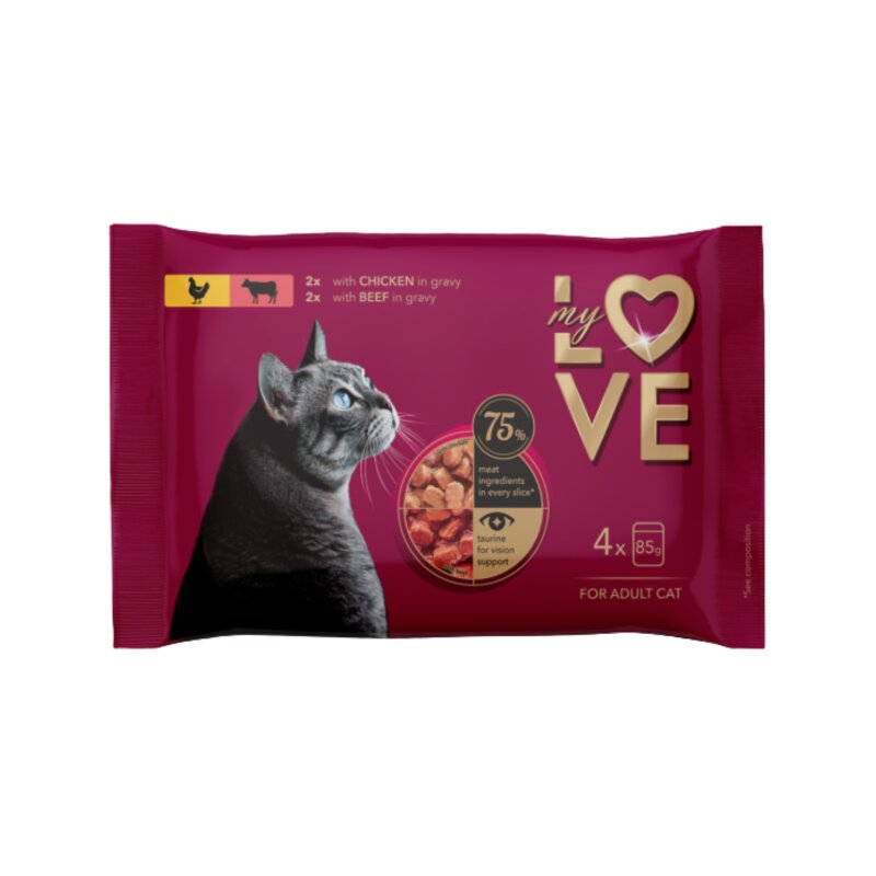 Ėdalas suaugusioms katėms MyLove su jautiena ir vištiena padaže 4x85g