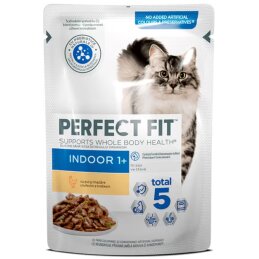 Konservuotas ėdalas katėms  Perfect Fit  kambarinėms katėms su vištiena  ir žirneliais 85g