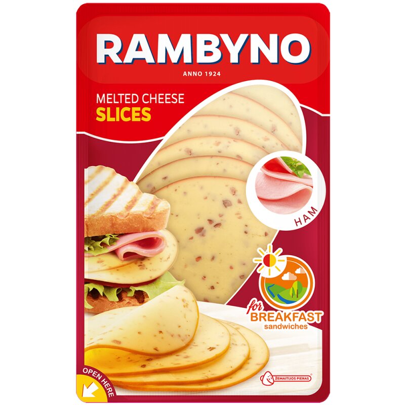 Lydytas sūris "Rambyno" 45% rieb. 150g su kumpiu, raikytas