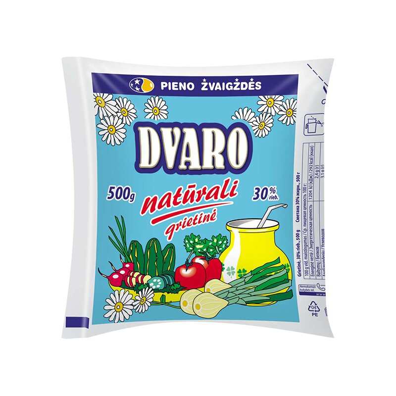 DVARO grietinė 30% riebumo, 500g, maišelyje