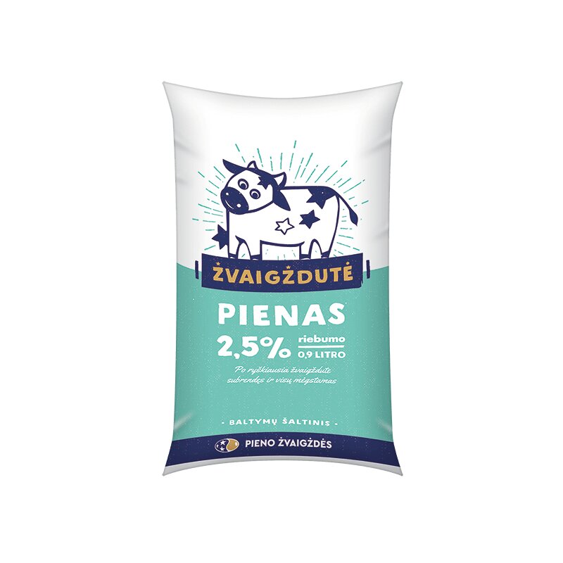 Pienas ŽVAIGŽDUTĖ 2,5% riebumo, 900ml, maišelyje