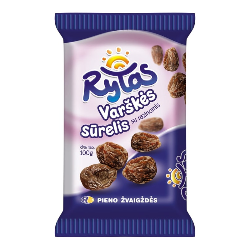 Varškės sūrelis RYTAS su razinomis 8% rieb., 100g