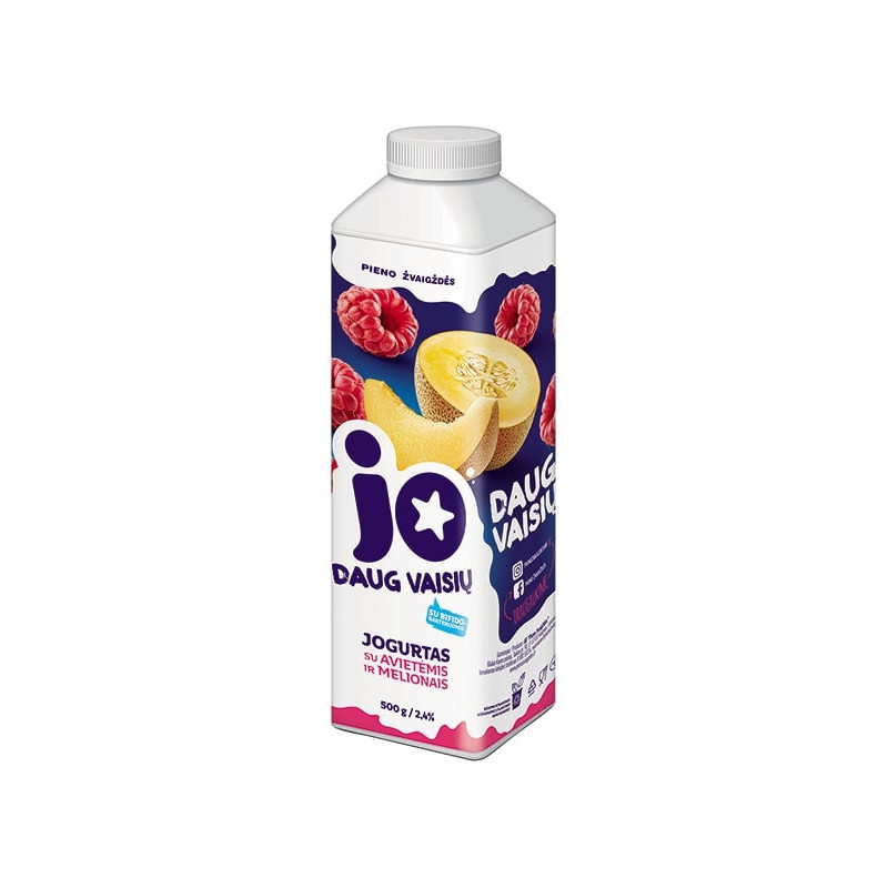 Jogurtas JO 500g, 2.4% su avietėmis, melionais ir bifido bakterijomis