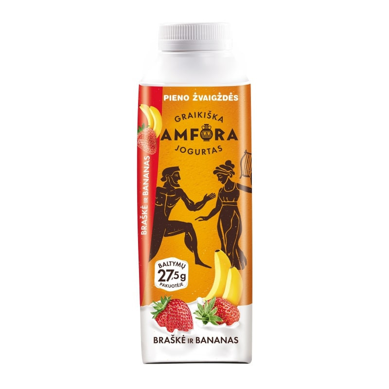 Geriamasis jogurtas Graikiška AMFORA su braškėmis ir bananais, 500g